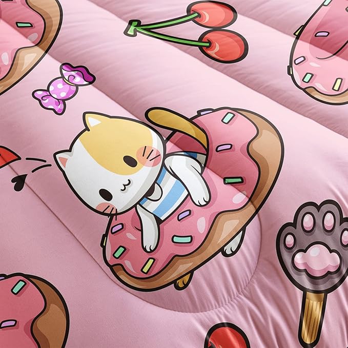 Kawaii Cat Comforter Twin Size,Doughnut Cherry Cat Comforter Set for Kids Teens Girls,3Pcs Bedding Set Printed Comforter with 2 Pillowcases,Soft and Lightweight(Pink，Twin Size)