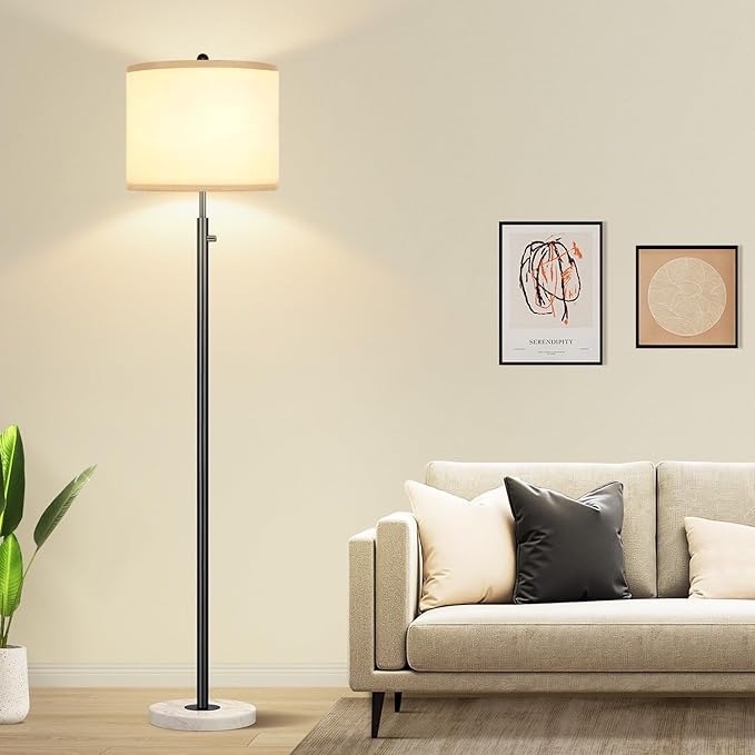 Nintiue Dimmable Floor Lamp for Living Room, 11W LED Bulb Included, Modern Standing Lamp with Marble Base, Tall Pole Light with White Linen Shade for Bedroom Reading Office Corner Nursery-Black