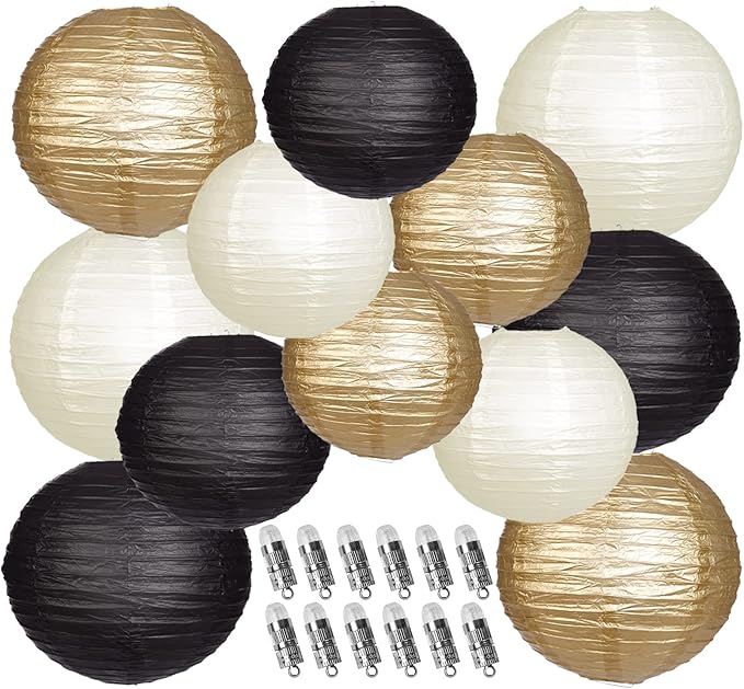 Paper Lanterns Decorative, Black Gold Hanging Round Chinese Lanterns with Lights for Graduation Anniversary Birthday Party 12 LED Light Pack of 12