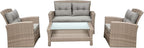 4-Piece Outdoor Patio Furniture Sets, All Weather Wicker Sectional Sofa Loveseat with Ottoman, Soft Cushions&Glass Table w/Shelf, Conversation Couch for Garden Backyard Poolside Deck, Gray