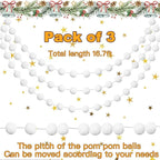 Jishi 3pk White Felt Pom Pom Garland Christmas Tree Decorations Indoor Home Decor, Cute Winter Wonderland Snow Ball Ornaments, Hanging String Pompom Snowball Beads, Xmas Holiday Birthday Party Banners