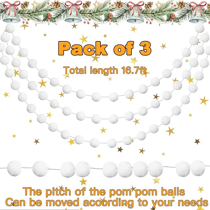 Jishi 3pk White Felt Pom Pom Garland Christmas Tree Decorations Indoor Home Decor, Cute Winter Wonderland Snow Ball Ornaments, Hanging String Pompom Snowball Beads, Xmas Holiday Birthday Party Banners
