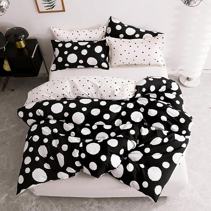 White Polka Dots Comforter Full Black White Dots Print Reversible Gingham Full Bedding Comforter Set Boys Girls Black White Bed Sets Soft 3Pcs Full Comforter Sets