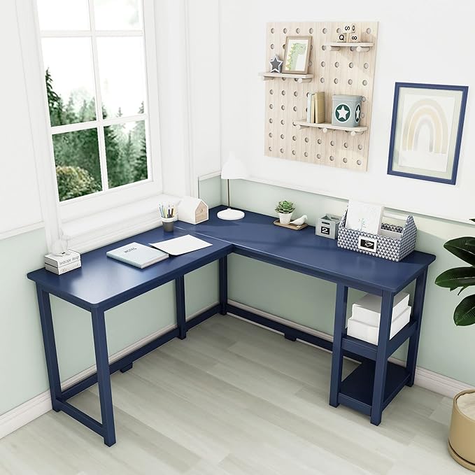 Max & Lily Solid Wood Corner Desk, 55 x 55 Inches, Blue