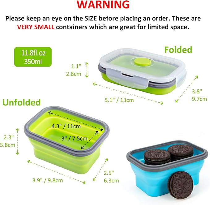 Collapsible Food Storage Containers with Airtight Lid, 11.8 oz, Small Kitchen Stacking Silicone Collapsible Meal Prep Container Set for Leftover, Microwave Freezer Dishwasher Safe, 4 Colors, Set of 4