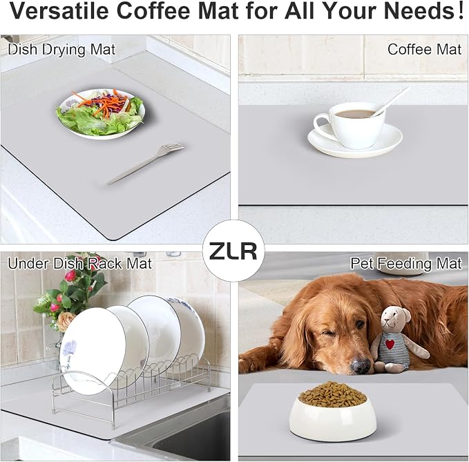 ZLR Large Coffee Bar Mat for Coffee Station, 16"x24" XL, Light Gray | Oversized Counter Protector, Absorbent Dish Drying Mat, Fits Espresso, Grinder, Frother & Cup Display, Hides Stains