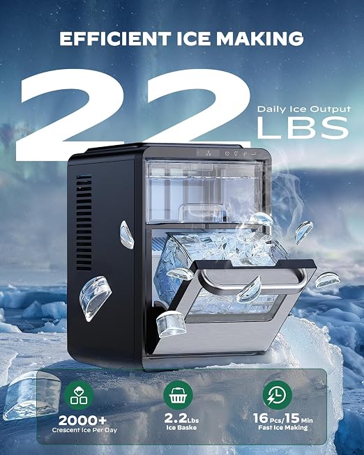 Silonn Crescent Ice Maker Countertop, Slow Melting & Crystal-Clear Ice, Self-Cleaning Ice Machine with Adjustable Ice Thickness & Timer Function, 16 Pcs in 15 Mins, 2000 Pcs per Day