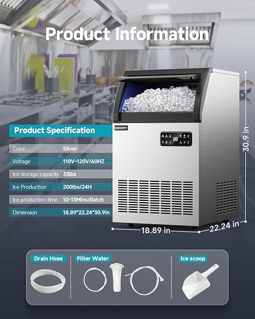 EUHOMY Commercial Ice Maker,200lbs/24H,Stainless Steel Under Counter Ice Machine with Water Filter,33lbs Storage Capacity, 84 Cubes in 8-12 Mins, Freestanding Ice Machine for Home/Bar/Cafe/Restaurant