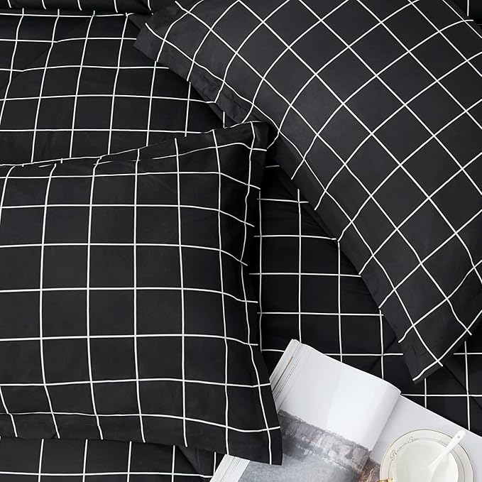 Andency Black Grid Comforter Set Queen Size (90x90 Inch), 3 Pieces(1 Grid Comforter and 2 Pillowcases), Summer Lightweight Microfiber Down Alternative Black Comforter with White Lines