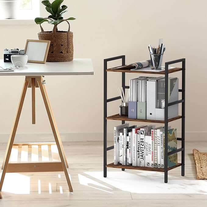 CADUKE 3 Tier Bookshelf Industrial Small Bookcase Wood and Metal Book Shelf Rustic Etagere Bookshelf Brown Bookshelves with Storage for Home Office Living Room Bedroom