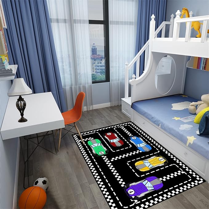 Car Rug Race Car Rug Car Track Rugs for Boys Race Track Carpet Race Car Track Rug Car Rug for Boys Room Car Rug Play Mat Car Carpet for Kids Rugs for Boys Bedroom,Black 2'5''×4'