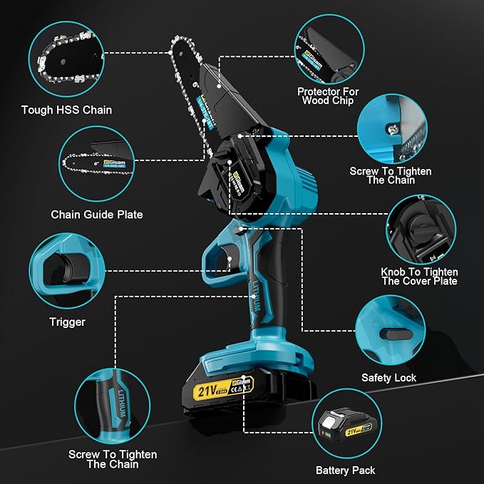Mini Chainsaw Cordless 6 Inch, Brushless Motor Electric Saw - 2x2Ah Batteries, 2025 Upgraded, Safety Lock, Portable Handheld for Tree Trimming, Wood Cutting, Camping/DIY, Gift for Dad Husband