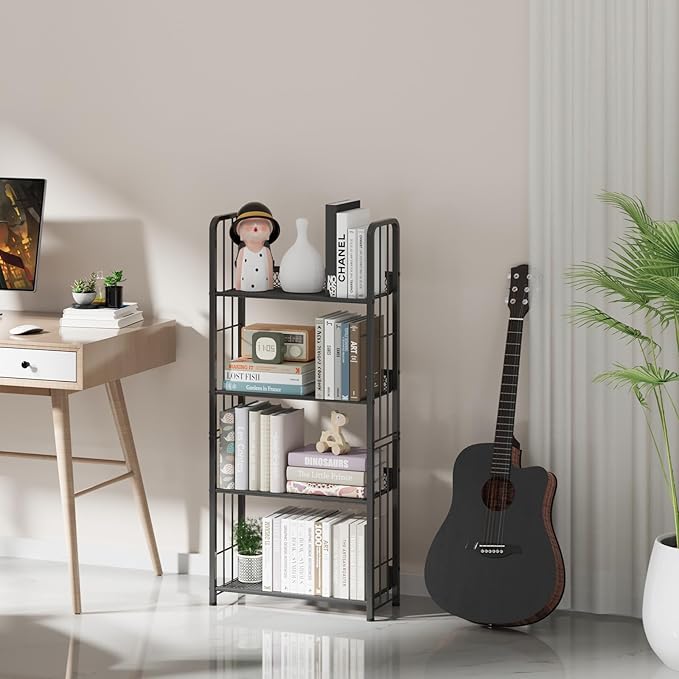 Bookshelf Storage Shelf Bookcase Freestanding Storage Stand Book Organizer for Living Room, Bedroom, Kitchen, Rust Resistance,Easy Assembly Multi-Functional Organizer (4 Tiers, Black)
