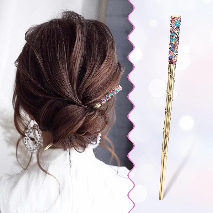 PAGOW 2 Pcs Rhinestone Crystal Hair Sticks, Colorful Hair Chopsticks for Women, Traditional Chinese Hairpin, Antique Chopsticks Hairpin for Long Hair, Wedding Hair Accessories Jewelry
