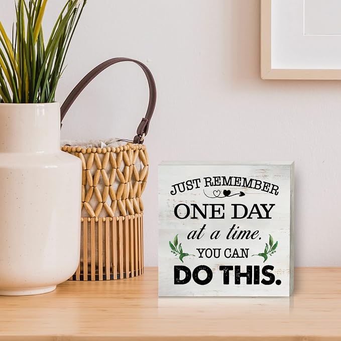 Just Remember One Day at a Time Wood Box Sign Home Decor Rustic Inspirational You Can Do It Wooden Box Sign Block Plaque for Wall Tabletop Desk Home Office Decoration 5" x 5"