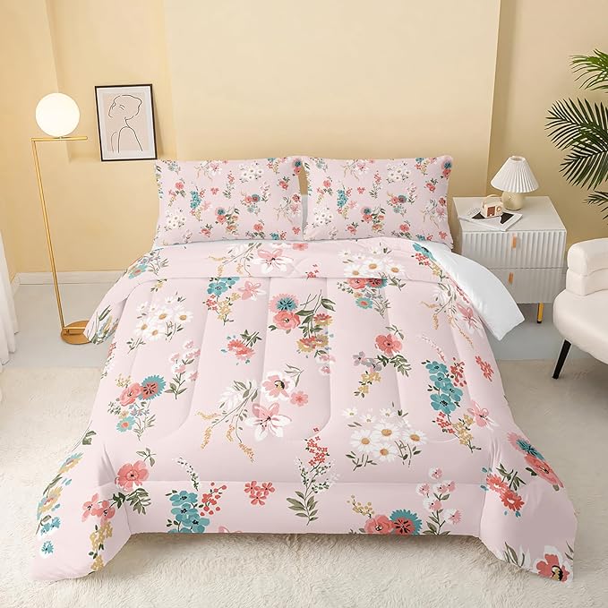 Floral Comforter King Size,Pink Floral Kids Comforter Set,3Pcs Bedding Set Printed Comforter with 2 Pillowcases,Down Alternative,Soft and Lightweight,for All Seasons