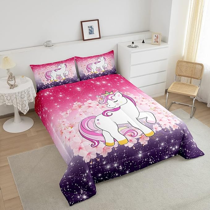 Unicorn Comforter Set Full Glitter Bedding Set Cherry Blossoms Duvet Insert Kids Cartoon Kawaii Animal Down Comforter Ombre Galaxy Stars Fantasy Girls Room Decor Quilt Set Aesthetic Pink Purple