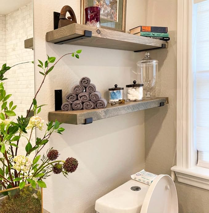 Rustic Shelves with J-Brackets Set of 2, Industrial Shelf, Kitchen Shelves, Solid Wood, Decorative Wall Storage, Heavy Duty, URBANDI (Grey, 36Wx6D)