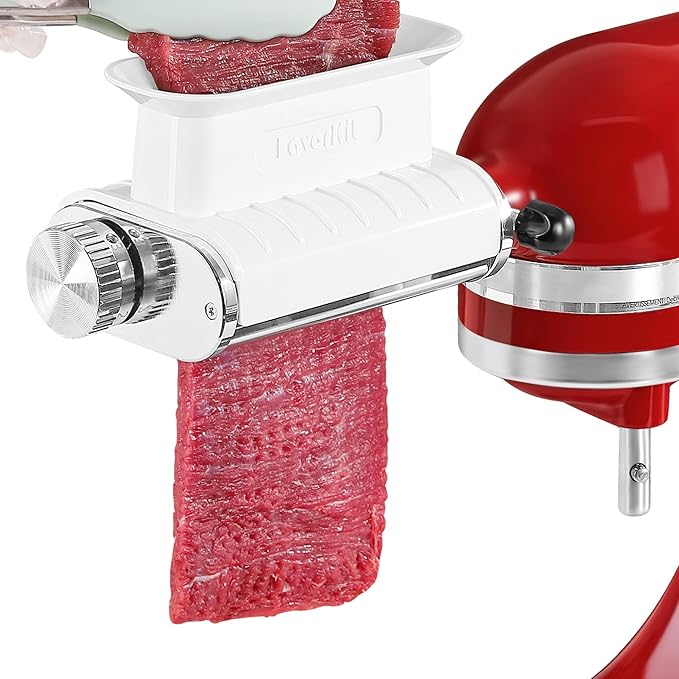 FavorKit Adjustable 3 Thickness Meat Tenderizer Attachment for Kitchenaid Mixers, Dishwasher Safe Durable Metal Housing & Plastic Rollers/Gears Accessories - White