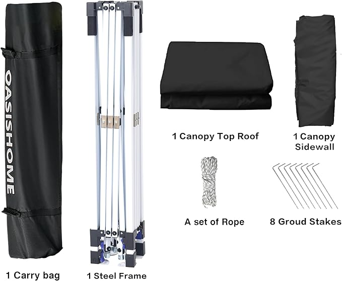 OASISHOME Pop-up Portable Outdoor Canopy Tent 10'x10' Instant Gazebo, with 1 Sidewall, Carry Bag, Stakes, Ropes, for Outdoor/Beach/Patio/Wedding Parties and Commercial Events (10FTx10FT, Black)