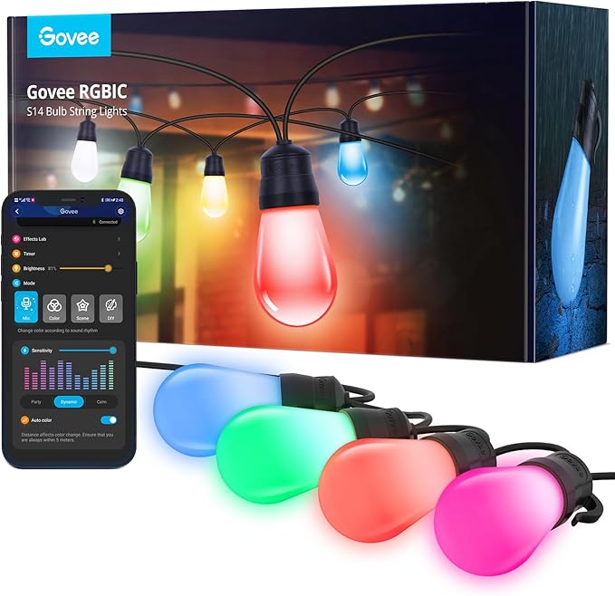Govee Smart Outdoor String Lights H7016, 96ft RGBIC Outdoor Lights with 30 Dimmable LED Bulbs, IP65 Waterproof, Color Changing Warm White Lights with 47 Scene Modes for Patio, Backyard, App Control