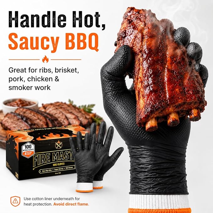 BBQ Gloves Disposable, 100 Count + 4 Cotton Liners, 10 Mil Tear Resistant | Nitrile Diamond Grip, Heat Resistant for Grilling Smoking Cooking, Food Safe, Latex Free, Heavy Duty Meat Handling, X-Large