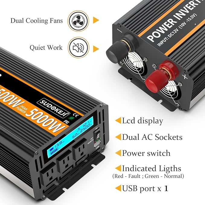 SUDOKEJI 2500W Power Inverter 12V DC to AC 110V/120V (Peak) 5000W Converter 3 sockets car Inverter with Remote Control and LED Display 3.4v USB Port