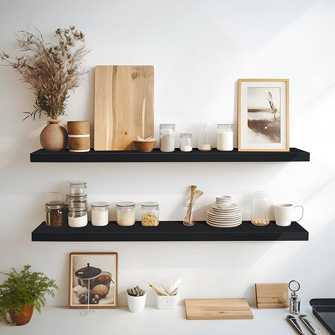 LaVie Home Floating Shelves, 47 Inch Wall Shelf Set of 2, Hanging Shelf with Invisible Brackets, Wall Decor for Bathroom, Bedroom, Living Room, Kitchen Storage,Classic Black