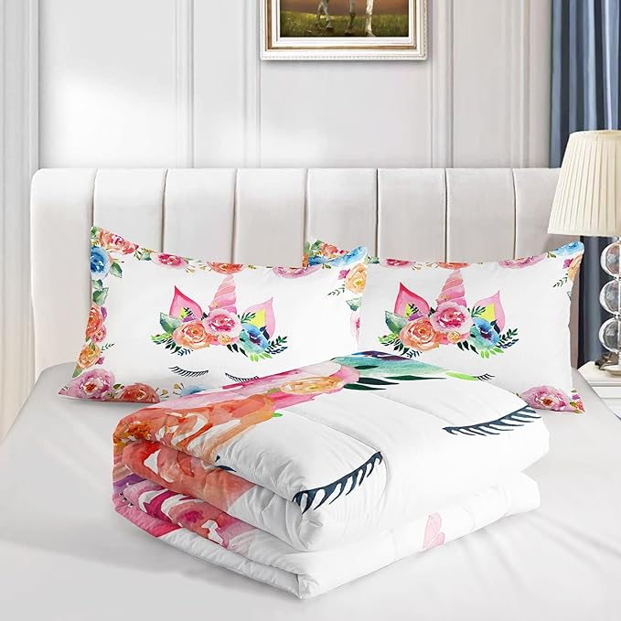 Datura home Unicorn Floral Watercolor Flower Comforter Bedding Set for Girls Teens Adults,Colorful Lovely Roses Blooms Print Design Unicorn Bedding Set(Unicorn Twin)