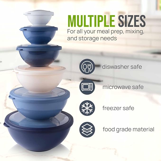 Zulay Kitchen 12 Piece Plastic Mixing Bowls with Leak-Proof Lids Set - Microwave and Freezer Safe Kitchen Mixing Bowls for Preparing, Serving and Storing - Large Nesting Bowls (Navy Ombre)