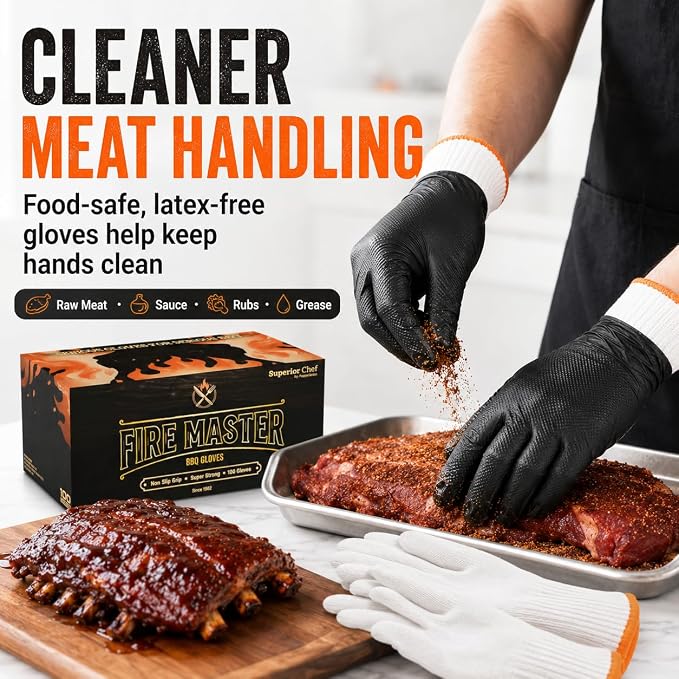 BBQ Gloves Disposable, 100 Count + 4 Cotton Liners, 10 Mil Tear Resistant | Nitrile Diamond Grip, Heat Resistant for Grilling Smoking Cooking, Food Safe, Latex Free, Heavy Duty Meat Handling, X-Large