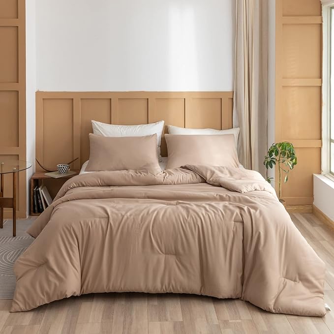 ROSGONIA King Size Comforter Set Taupe Brown, 3pcs(1 Boho Tan Comforter & 2 Pillowcases) All Season Bedding Lightweight Bedspread Blanket Quilts