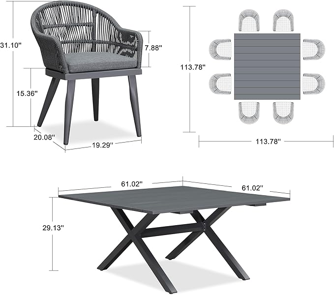 PURPLE LEAF 9 Pieces Patio Dining Set with Outdoor Aluminium Square Dining Table and Woven Rattan Chairs Modern Metal Furniture Cushions Sets for Garden Yard Indoor Decor Kitchen Grey