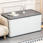 100 GAL Resin Deck Box - Lockable Waterproof Outdoor Storage Bench for Patio Cushions, Garden Tools & Pool Accessories - Wood-Look Texture, White