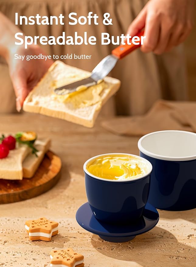 Sweese French Butter Dish with Lid - Butter Crock for Counter with Water Line for Spreadable Butter - No More Hard Butter - Navy