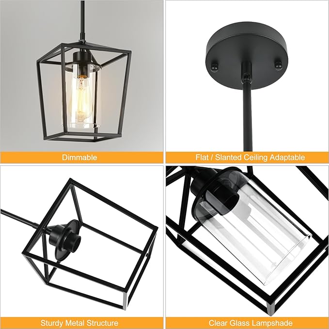 2 Pack 1-Light Black Pendant Lights for Kitchen Island, Farmhouse Metal Pendant Light Iron Cage Hanging Light Fixtures with Clear Glass Shade for Dining Room, Entryway, Hallway, Foyer