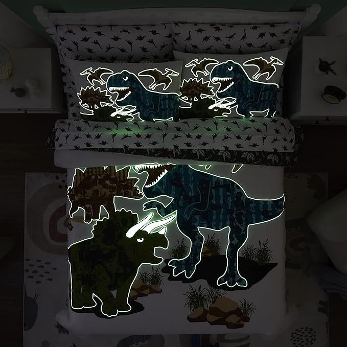 KALEIDOSPACE Gilrs Boys Bedding Sets Twin, 5 Piece Glow in The Dark Dinosaur Bed in A Bag-1 Comforter,1 Pillow Sham, 1 Pillowcase, 1 Flat Sheet, 1 Fitted Sheet