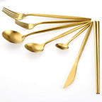 KiiZYs Matte Gold Silverware Set Cutlery Set - 14-piece 18/10 Stainless Steel Flatware Utensil Set - Korean Chopsticks Fork Spoon Knife - Reusable Dishwasher Safe - Gift Box (Gold, Service for 2)