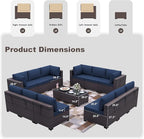 Patio Furniture Set 14-Piece Outdoor Furniture for Backyard Wicker Sectional Sofa Set, PE Rattan Patio Conversation Set 12 Seat with Thickened Cushions and Glass Coffee Tables, Navy Blue