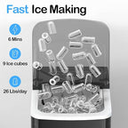 SPECILITE Ice Makers Countertop, Compact Counter Machine, Self Cleaning, 26L/24H, 9 Ice Cubes S/L Pellet in 6-8 Mins, Portable Icemaker with Pouch/Bag/Scoop/Basket for Home Kitchen Office Bar (Black)
