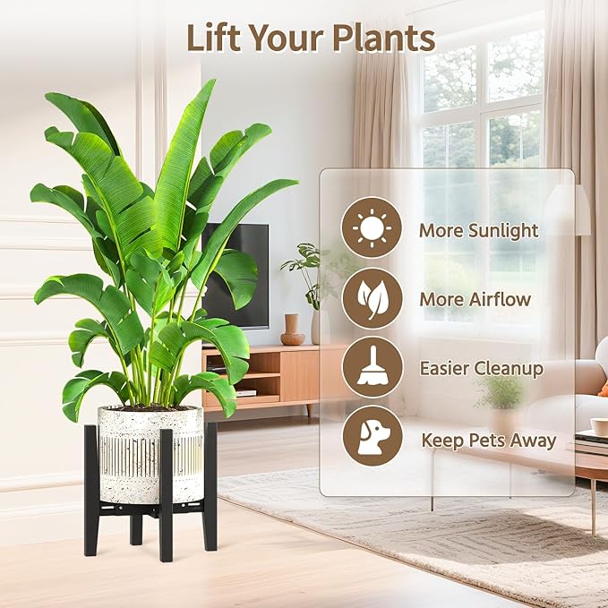 LASZOLA Bamboo Adjustable Plant Stand for Single Large Indoor Planters, Heavy Duty Floor Fern Holder Fits 8 to 12 Inch Pots, Mid Century Elevated Big Stool for Flower– Pot Not Included, Black, 1 Pack