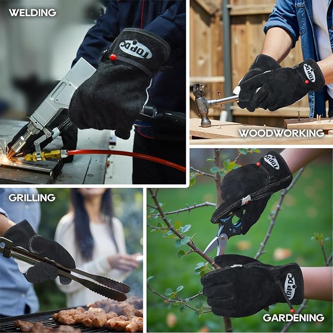 TOPDC Leather Work Gloves for Men or Women, Cowhide Leather Gloves for Gardening, Tig/Mig Welding, Chainsaw, Farm, Ranch, Reinforced Palm, Adjustable Cuff, Cotton Lining, Firm Grip & Durable, L