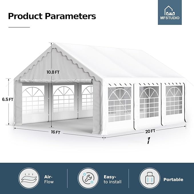 MFSTUDIO 16'x20' Party Tent, Outdoor Heavy Duty Party Tents with Removable Sidewalls, Large Canopy Tent Shelter for Outdoor Events Wedding Birthday, White