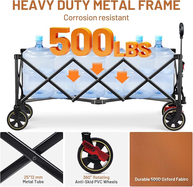 Timber Ridge 51.2'' Extended Collapsible Wagon Cart with Brakes and Cargo Net, 500LBS Heavy Duty Foldable Utility Wagon with Adjustable Handle, 400L Capacity Portable Cart for Camping Sports, Orange