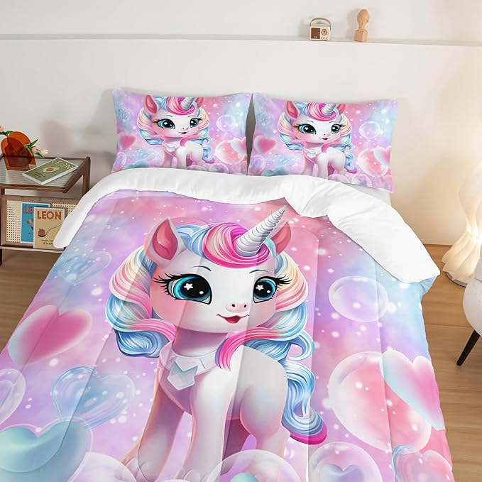 HOSIMA Unicorn Bedding Sets for Girls Teens,Cartoon Kawaii Unicorn Comforter Bubble and Love Heart Bedding Set,Fantasy Unicorn Bedroom Decor for Girls Pink Purple King Size Comforter Set.