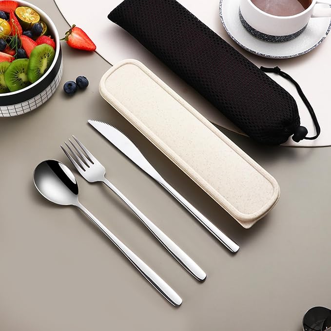 VANRA 3-Piece Portable Travel Utensils Set with Case 18/8 Stainless Steel Flatware Set Reusable Cutlery Set with Fork Spoon Knife for Lunch Travel Camping School Work Picnic (Silver)