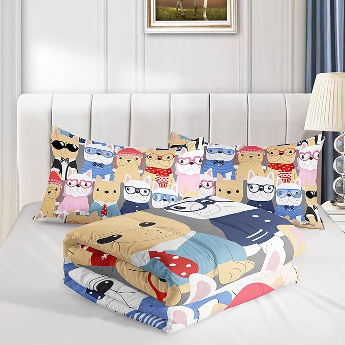 Datura home Dog Comforter Beddding Set for Kids Children,Puppy Pug Cute Dog Pattern Cartoon Career Pet Bedding Set with 1 Comforter and 2 Pillowcases(Dog Queen)