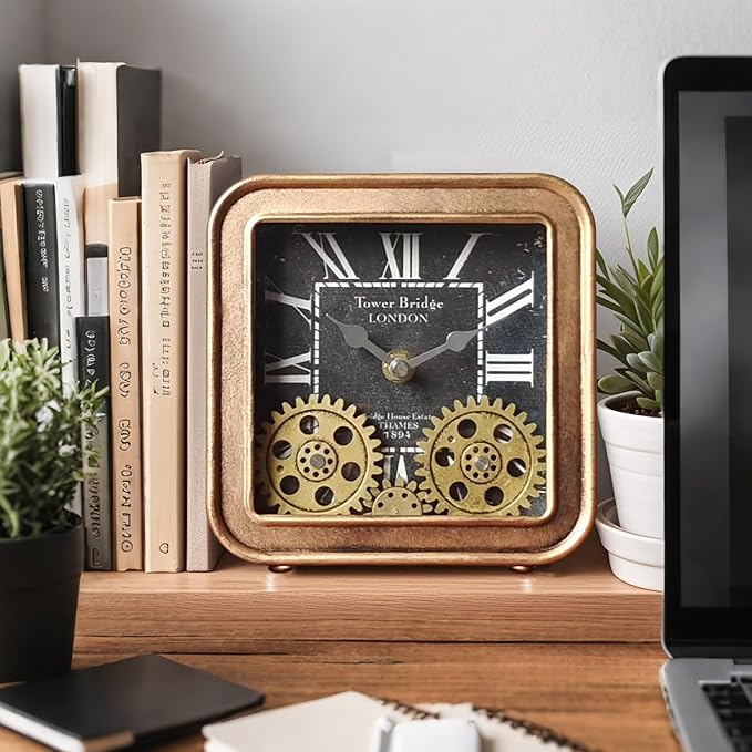 Desk Clock Vintage Metal Table Clocks with Moving Gears, Silent Retro Industrial Steampunk Quartz Small 6 inch End Table Clock for Home Office Living Room Decor Battery Operated (Gold)