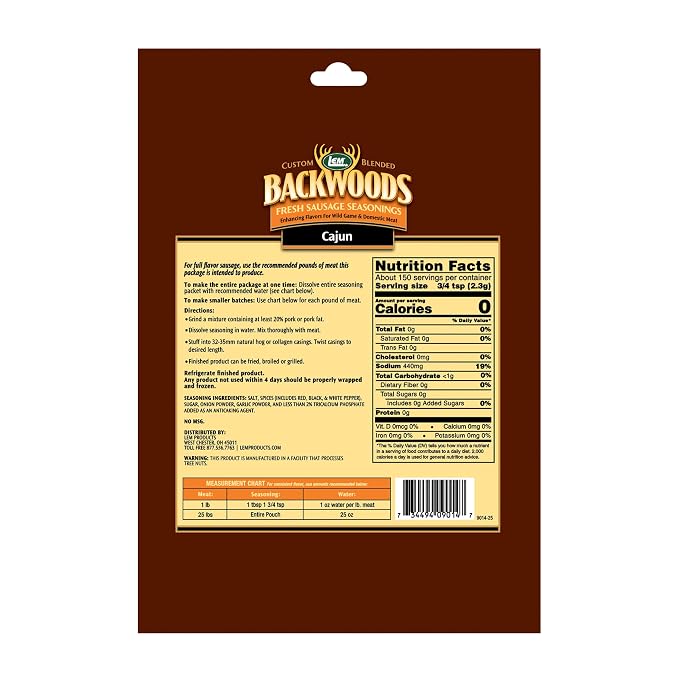 LEM Products Backwoods Cajun Fresh Sausage Seasoning, 12 oz Packet | Pre-Measured Seasoning for Wild Game and Domestic Meat, Seasons Up to 25 Pounds of Meat for Homemade Sausages