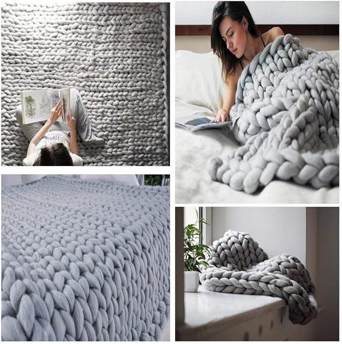 Chunky Knit Blanket Soft Handmade Knitting Throw for Bedroom Sofa Decor Super(Light Gray 47"x60")